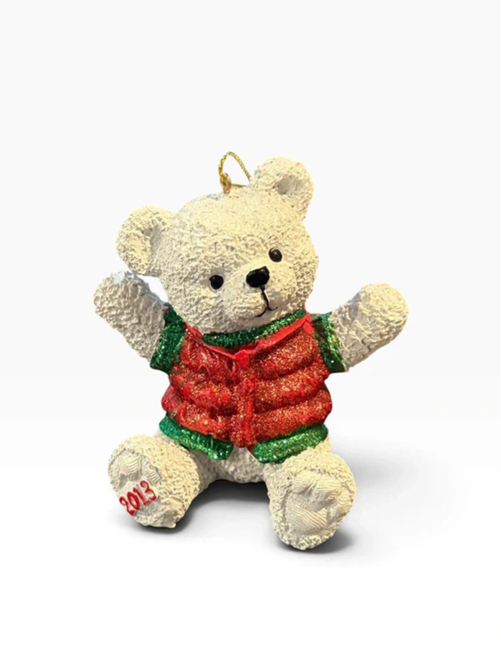 2013 Christmas Teddy Bear Ornament Red Green Glitter Holiday Decor.
